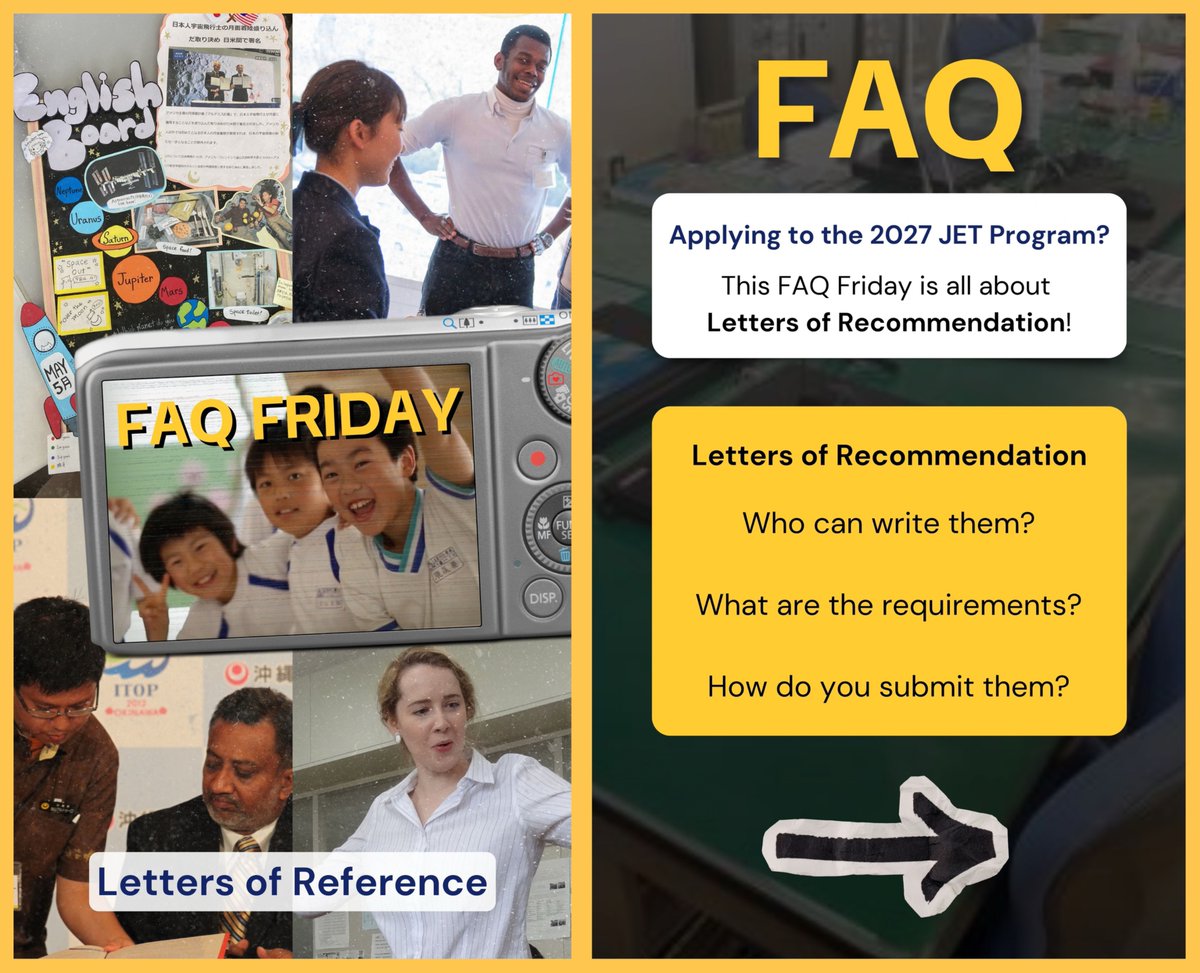 JETProgram's tweet photo. It's FAQ Friday! This week, we’re answering your questions about Letters of Recommendation for the #JETProgram application. Who can write them? What are the requirements? Swipe for the details... ➡️

For 2027 Japan departures, start your application at https://t.co/A5REYPv9vP! https://t.co/I6oNjgDnKz