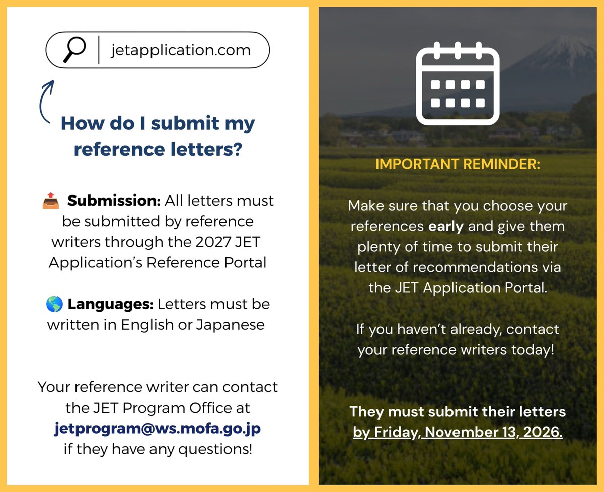 JETProgram's tweet photo. It's FAQ Friday! This week, we’re answering your questions about Letters of Recommendation for the #JETProgram application. Who can write them? What are the requirements? Swipe for the details... ➡️

For 2027 Japan departures, start your application at https://t.co/A5REYPv9vP! https://t.co/I6oNjgDnKz
