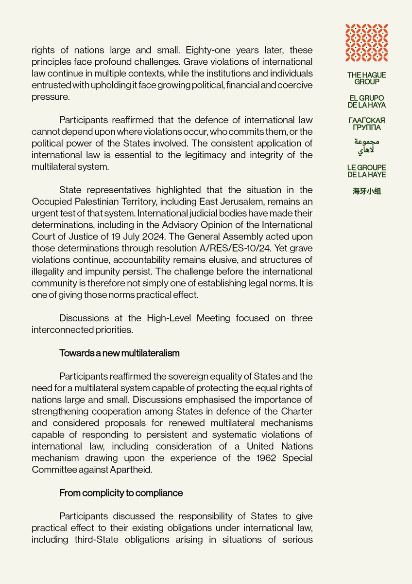 The_Hague_Group's tweet photo. Today at the UN, 40 States met to address a fundamental question: how to ensure international law is not merely proclaimed, but enforced.

Full statement from the High-Level Meeting in Defence of International Law, convened by South Africa and Malaysia: https://t.co/WCfh0zktN5 https://t.co/fKbzViRRsy