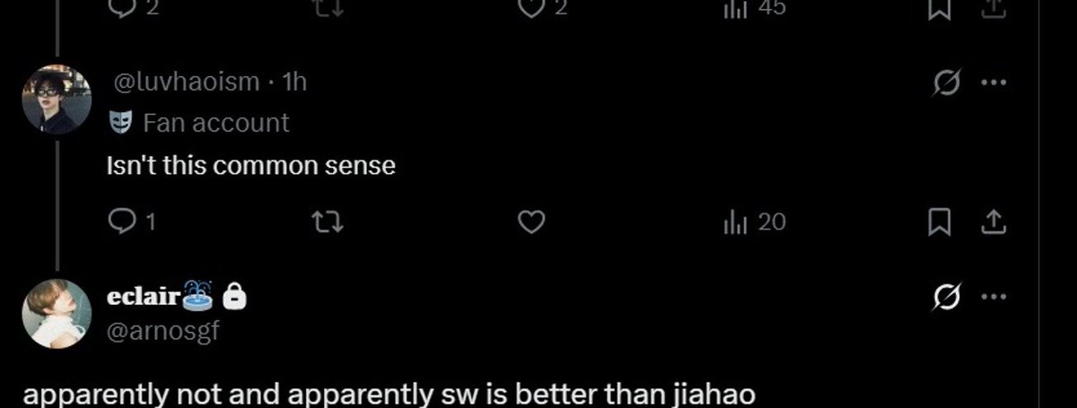 Ranllyz's tweet photo. The screenshot below shows @arnosgf (@jiahaoglaze priv) talking about how JS is a better dancer than SW. Then @luvhaoism says that both members are pretty, but only one of them is “natural”, accusing SW of being fake and having plastic surgery They both claim they are “OT8”. https://t.co/pz9PZ4KbBR