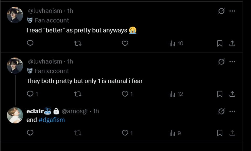 Ranllyz's tweet photo. The screenshot below shows @arnosgf (@jiahaoglaze priv) talking about how JS is a better dancer than SW. Then @luvhaoism says that both members are pretty, but only one of them is “natural”, accusing SW of being fake and having plastic surgery They both claim they are “OT8”. https://t.co/pz9PZ4KbBR