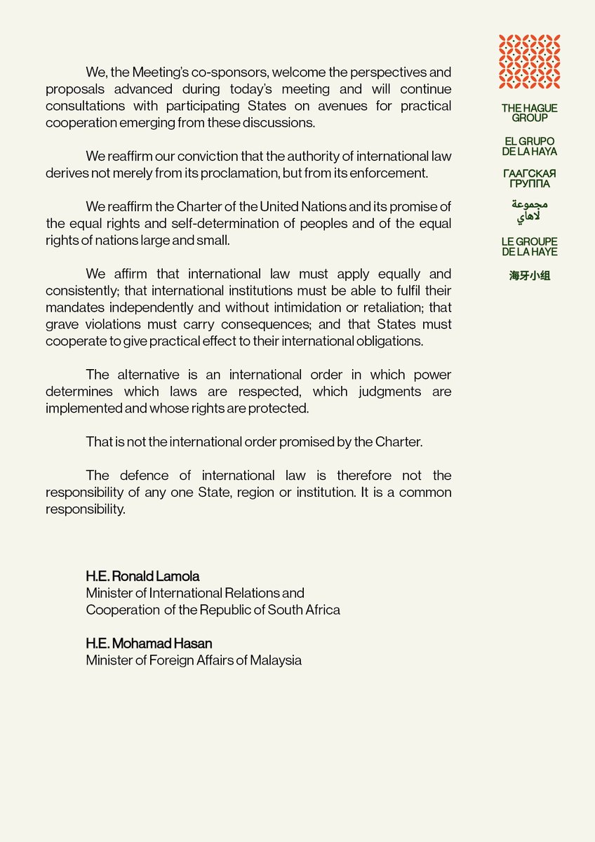 The_Hague_Group's tweet photo. Today at the UN, 40 States met to address a fundamental question: how to ensure international law is not merely proclaimed, but enforced.

Full statement from the High-Level Meeting in Defence of International Law, convened by South Africa and Malaysia: https://t.co/WCfh0zktN5 https://t.co/fKbzViRRsy