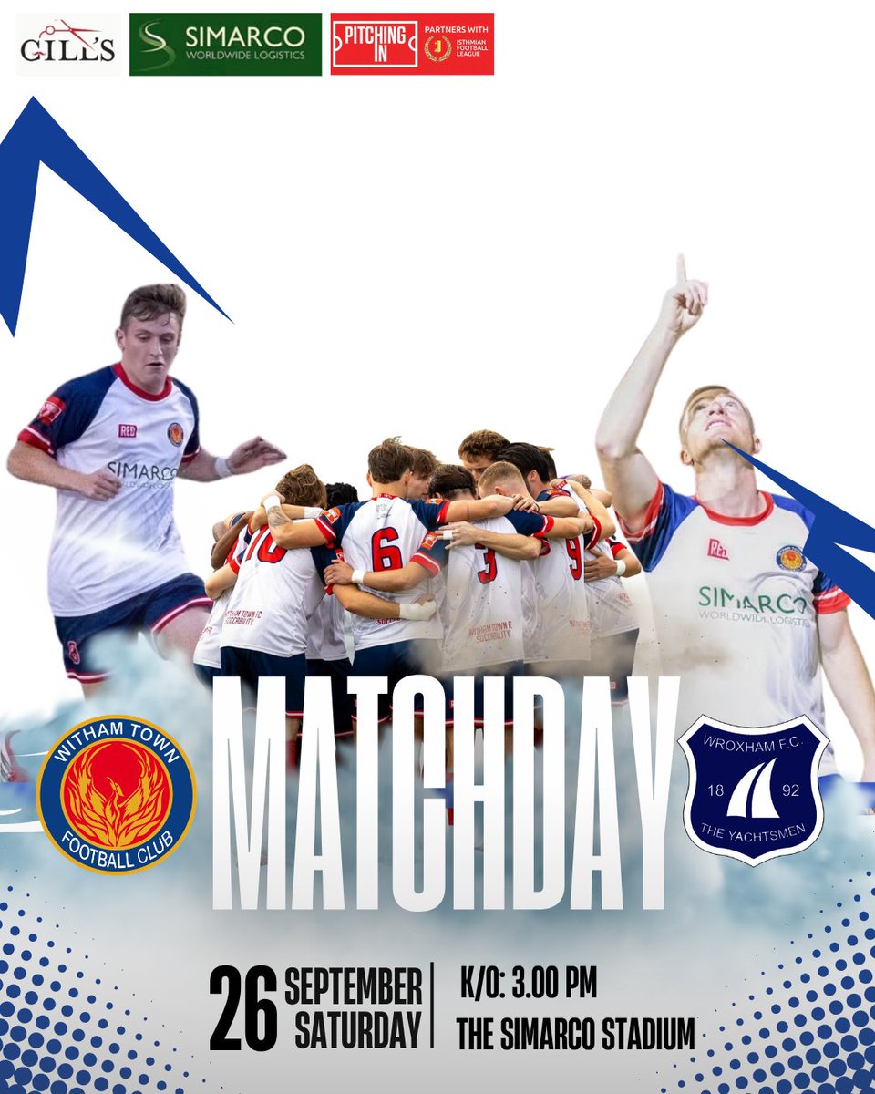 Withamtownfc's tweet photo. It's Matchday!

We are at home to Wroxham in the @IsthmianLeague 

Turnstiles open at 2pm
Food &amp; Drink available
Golden goal tickets available (£1 each) 

Ticket Prices:
Adult: £10
Concession: £5
Under16s: £2 (must be accompanied by a paying adult) https://t.co/vRMVnBpMBO