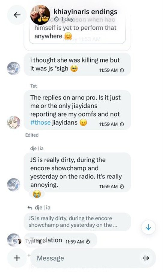 Ranllyz's tweet photo. Here they are talking about how JH covered himself when JS touched him, and that JH should beat up JS even if he’s his hyung. One member said that JS is really “dirty”, so another member added that he is just not “dirty” but “shit”. 

Accounts: 
@Ha_hao7
+ others mentioned before https://t.co/y80gOxey6H