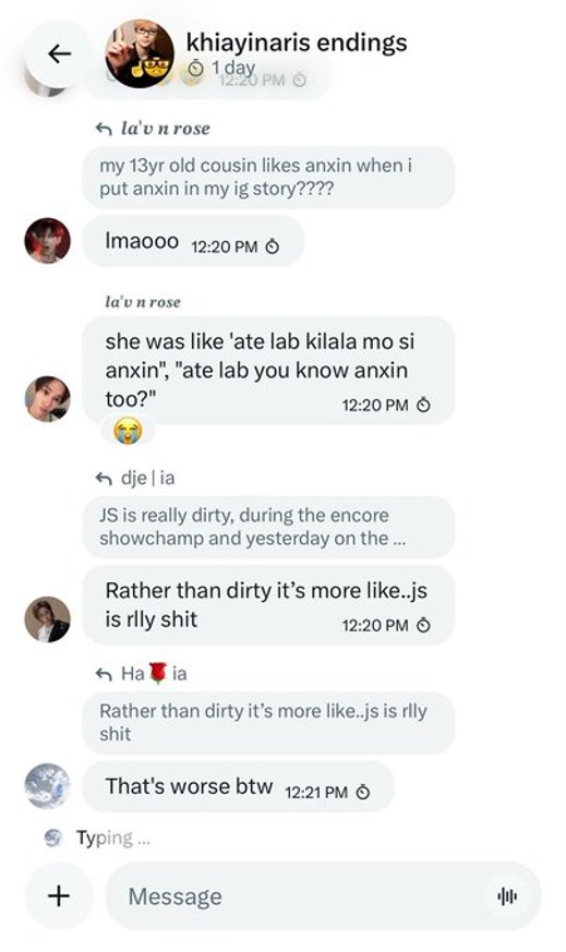 Ranllyz's tweet photo. Here they are talking about how JH covered himself when JS touched him, and that JH should beat up JS even if he’s his hyung. One member said that JS is really “dirty”, so another member added that he is just not “dirty” but “shit”. 

Accounts: 
@Ha_hao7
+ others mentioned before https://t.co/y80gOxey6H