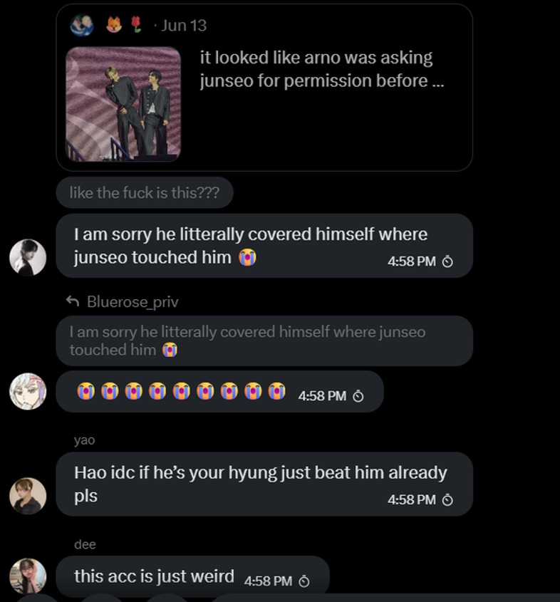 Ranllyz's tweet photo. Here they are talking about how JH covered himself when JS touched him, and that JH should beat up JS even if he’s his hyung. One member said that JS is really “dirty”, so another member added that he is just not “dirty” but “shit”. 

Accounts: 
@Ha_hao7
+ others mentioned before https://t.co/y80gOxey6H