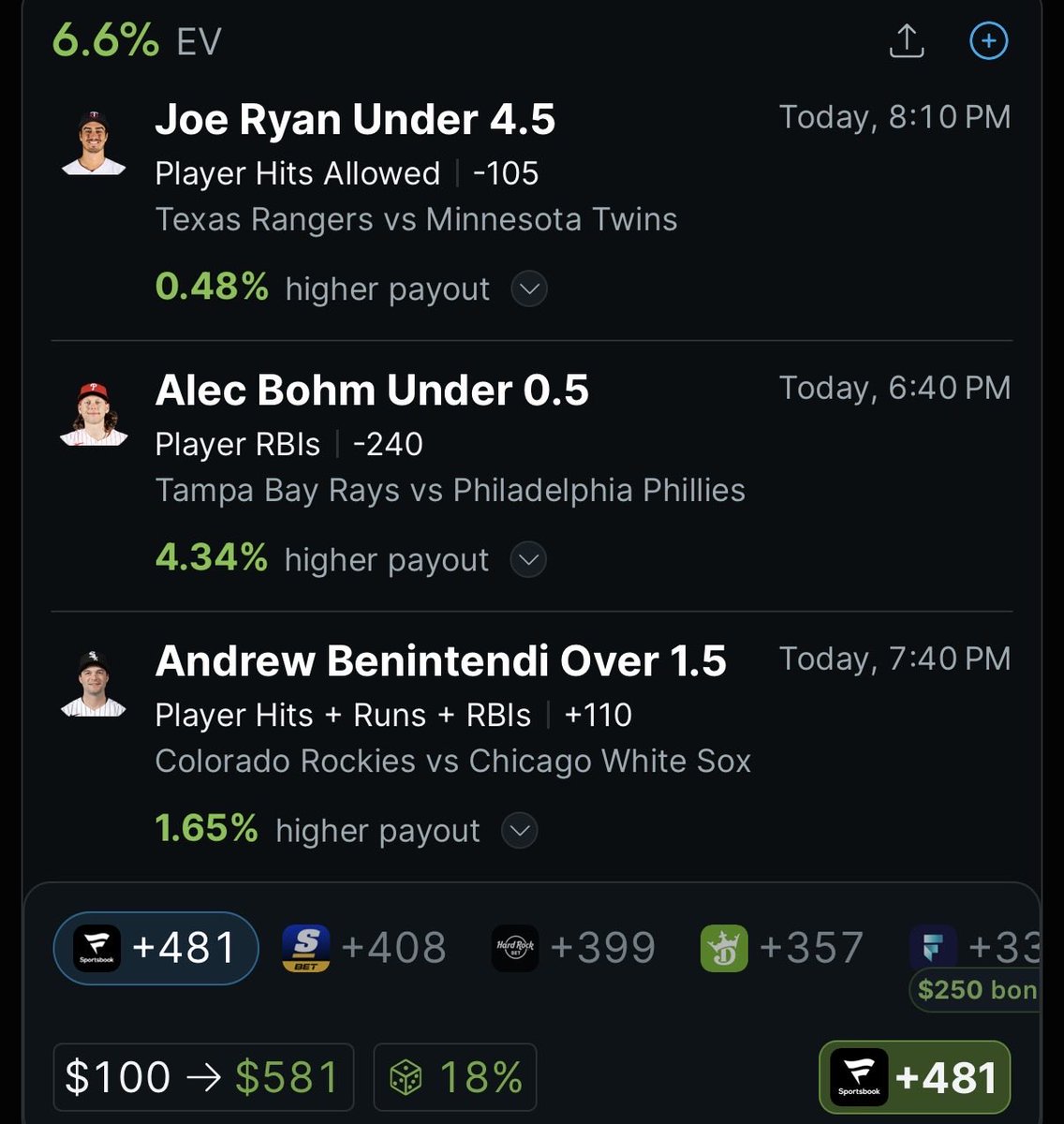 EVParlay's tweet photo. Positive EV play from the @OddsJam Parlay tool 🛠️

Download the app free &amp; bet it here🔗 https://t.co/Ul4vnvPnn8 https://t.co/bA9bZ0GCS5