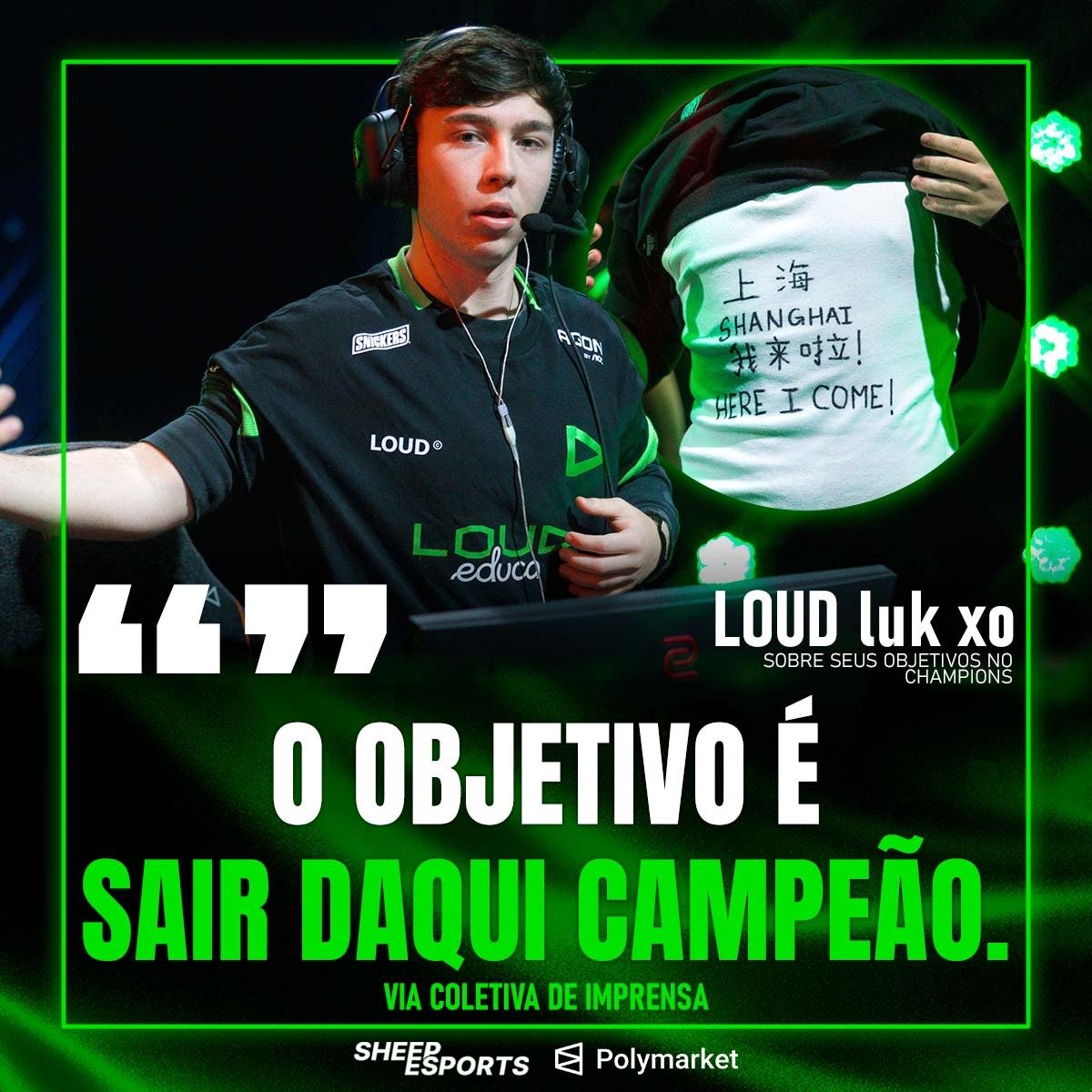 SheepEsportsBR's tweet photo. 🇧🇷 LOUD luk xo comentou sobre quais são os seus objetivos no Champions Shanghai.

"Eu quero principalmente chegar em boa forma no Champions, não só individualmente, mas como equipe. E ser campeão. Esses são os dois principais objetivos. Eu espero que seja um momento muito único pra gente. Todo mundo tá fazendo a sua estreia aqui, então espero que seja um momento muito especial pra todo mundo. Sem pressão, apenas diversão, e o objetivo é sair campeão."

A LOUD estreia amanhã (26/09, às 9h), contra a 🇨🇳 EDG, os donos da casa.