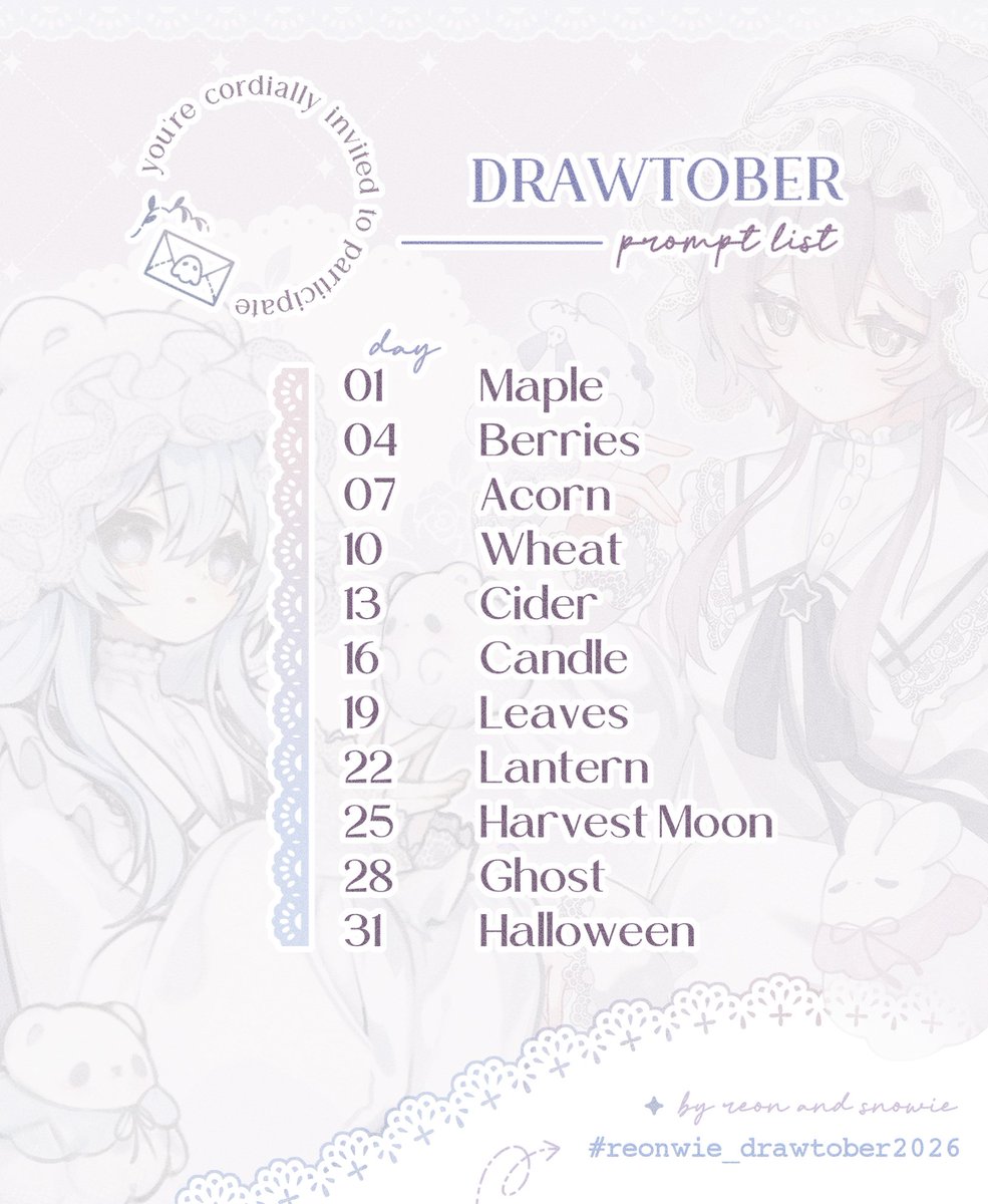 ReonGalletita's tweet photo. ⋆.ೃ࿔*: Happy Harvest season⋆.ೃ࿔*:･
✧ — You're cordially invited to participate in #reonwie_drawtober2026 

We've carefully compiled this comfy list with lots of love ✦with rest days included for anyone who wants a more relaxed autumn or has commissions piling up.

#inktober https://t.co/TooMjvGMK0