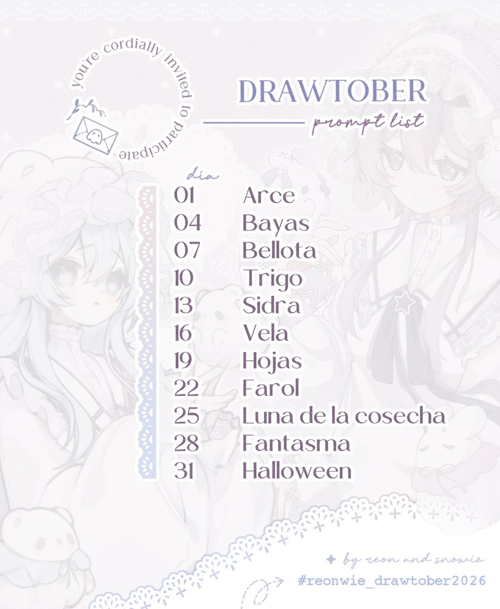 ReonGalletita's tweet photo. ⋆.ೃ࿔*: Happy Harvest season⋆.ೃ࿔*:･
✧ — You're cordially invited to participate in #reonwie_drawtober2026 

We've carefully compiled this comfy list with lots of love ✦with rest days included for anyone who wants a more relaxed autumn or has commissions piling up.

#inktober https://t.co/TooMjvGMK0