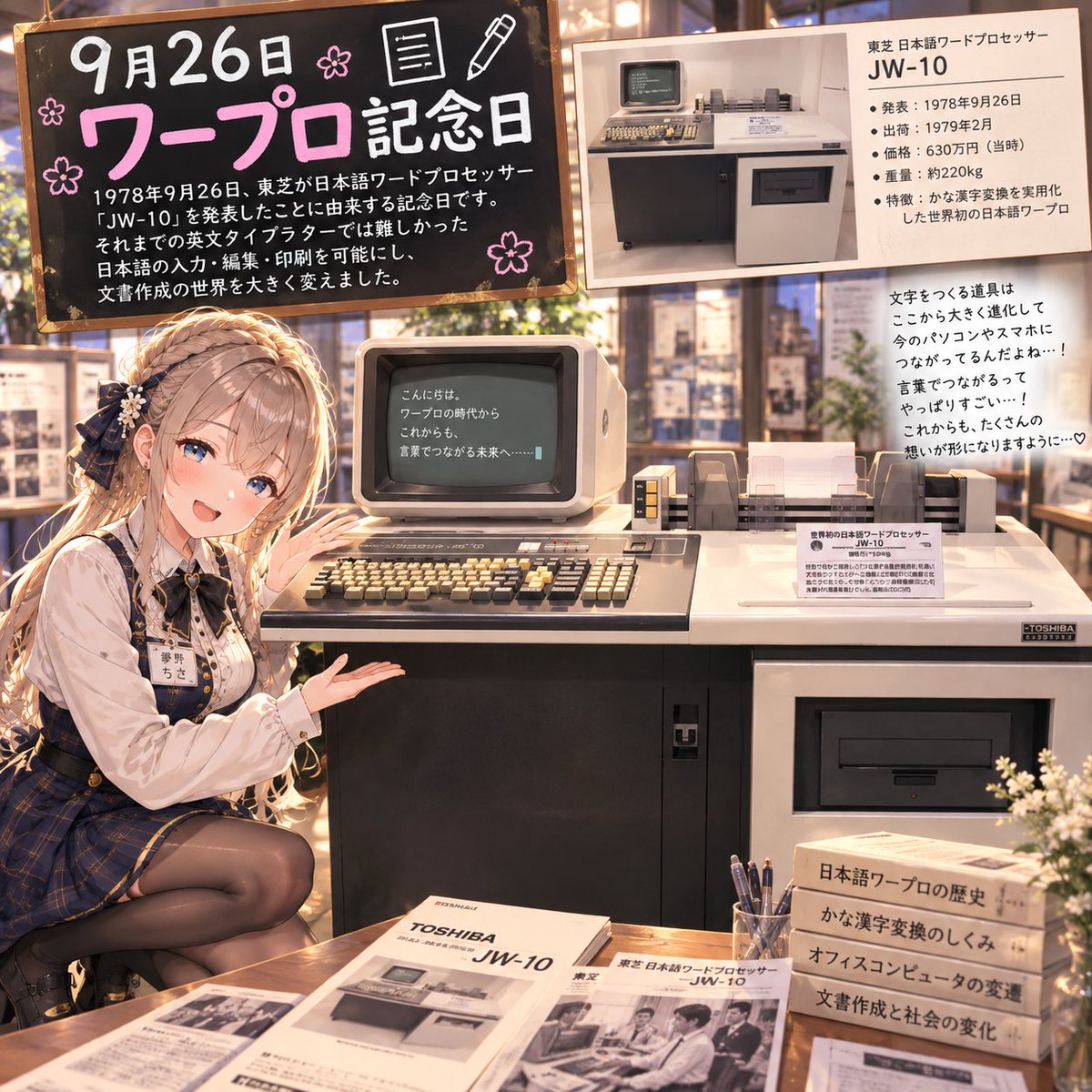 chapitan0125's tweet photo. 💻 9月26日は「ワープロ記念日」！

1978年のこの日、東芝が日本語ワードプロセッサー「JW-10」を発表✨
今では当たり前の日本語入力も、ここから大きく進化してきました。

巨大なワープロから、パソコン、そしてスマホへ。文字を打つ道具の歴史って面白いですね☺️⌨️

#今日は何の日
#ワープロ記念日 https://t.co/YfirRxV3qh