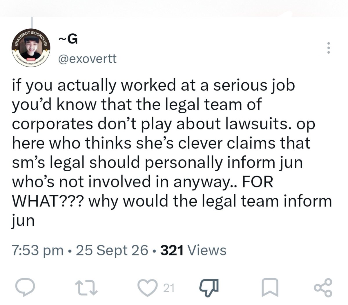 im_jcws_wife's tweet photo. "1. legal team doesn’t involve unintended parties in a lawsuit"

"if you actually worked at a serious job you’d know that the legal team of corporates don’t play about lawsuits. op here who thinks she’s clever claims that sm’s legal should personally inform jun who’s not involved in anyway.. FOR WHAT??? why would the legal team inform jun"

Jokes they write on themselves 🤣🤣🤣🤣🤣🤣🤣🤣🤡🤡🤡 . I know you guys want to defend SM so bad but this is...so embarassing...🤣🤣🤣 

https://t.co/putRAxCLzD