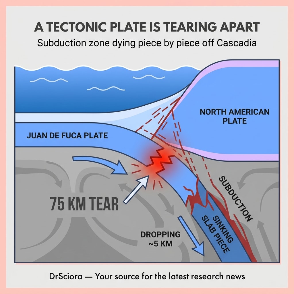 DrSciora's tweet photo. Off Vancouver Island, a tectonic plate is tearing apart — piece by piece. 🌎 Scientists captured the first clear picture of a subduction zone dying: a 75-km tear in the Juan de Fuca slab, sinking ~5 km.

#Geology #EarthScience #PlateTectonics https://t.co/JXCrzu1Gtu