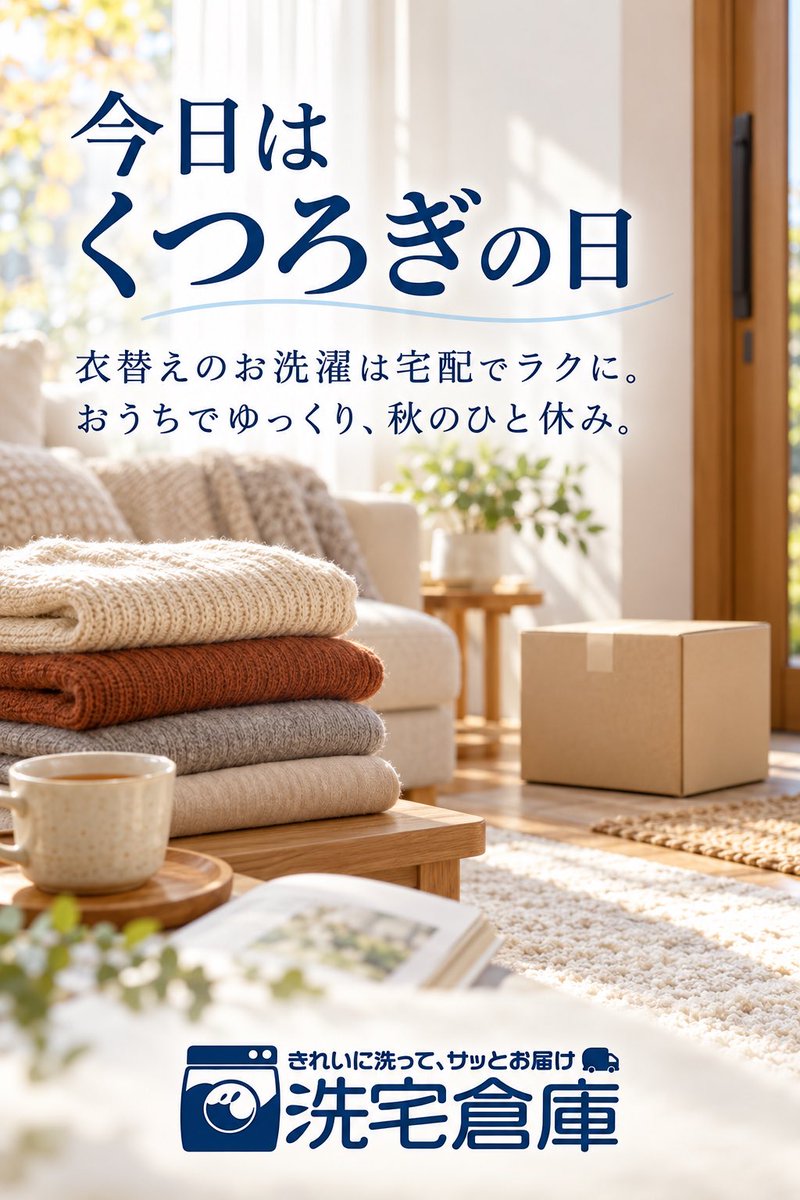 sentakusouko's tweet photo. 今日は「くつろぎの日」☕✨

衣替えのお洗濯は、宅配クリーニングにおまかせ📦
おうちから衣類を送って、きれいになったらお届けします。

空いた時間は、のんびり秋のひと休み🍁

#くつろぎの日 #衣替え #宅配クリーニング #洗宅倉庫 https://t.co/lBujTdP6ft