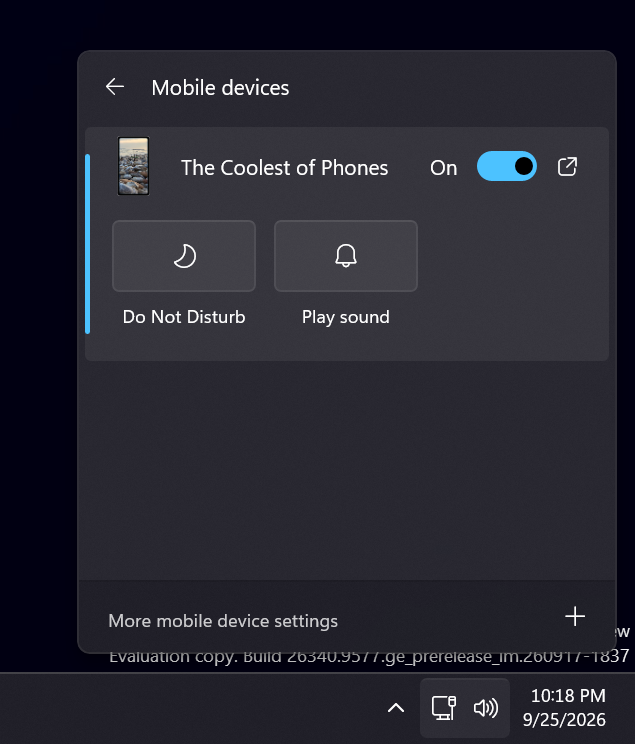 phantomofearth's tweet photo. Windows 11 build 26340.9577 includes Mobile Devices quick settings! Lets you toggle do not disturb and ring, and will also let you know if Link to Windows is off. (vivetool /enable /id:62103454) https://t.co/kEpETjqKOx