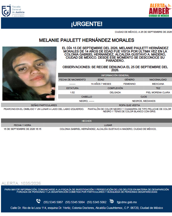 AAmberCDMX's tweet photo. Se activa #AlertaAmber para localizar a Melanie Paulett Hernández Morales, de 14 años, vista por última vez el pasado 15 de septiembre, en la colonia Gabriel Hernández, alcaldía Gustavo A Madero. https://t.co/9lvFwR8FNq