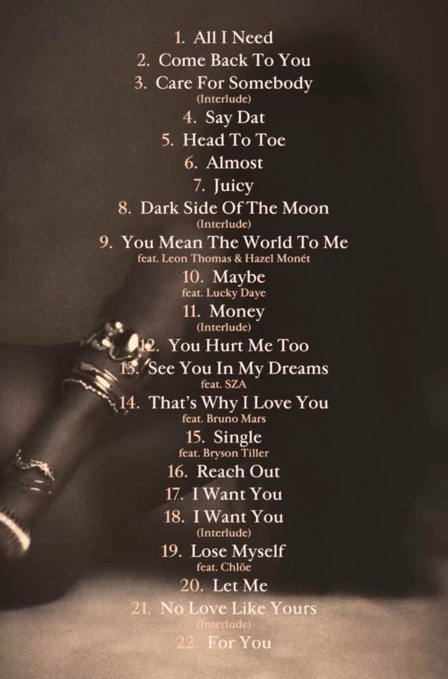 rnbradar's tweet photo. Victoria Monét revealed the tracklist for 'Frequency Of Love', with SZA, Lucky Daye, Bruno Mars, Bryson Tiller, Chlöe and Leon Thomas all on it. 

The album is out next Friday, October 2. 🤎 https://t.co/REq342S8r4