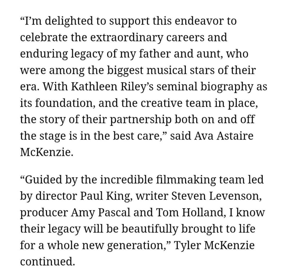 thollandrchives's tweet photo. The Fred Astaire biopic starring Tom Holland has the full support of Ava Astaire McKenzie, Fred Astaire’s daughter. 

Her son, Tyler McKenzie, will serve as a consultant and co-producer in the movie. https://t.co/C0g2Wjfpho