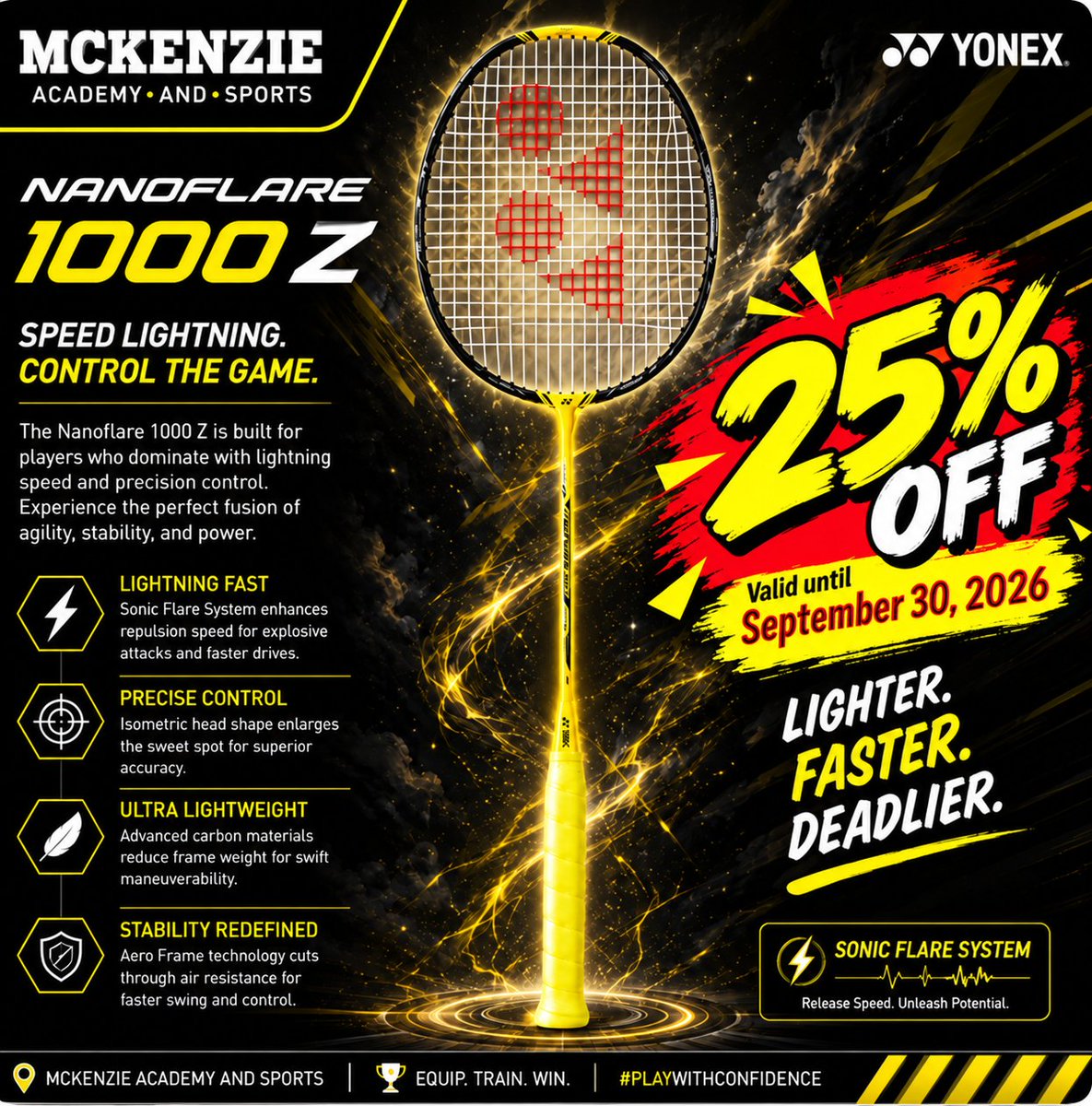 trainingatdfw's tweet photo. Use Coupon Code: D25

We are excited to offer an exclusive 25% OFF on the Yonex Nanoflare 1000 Z, a high-performance racket designed for players who want speed, precision, and powerful control.

Promotion valid until September 30, 2026 https://t.co/LiumxxWO9e