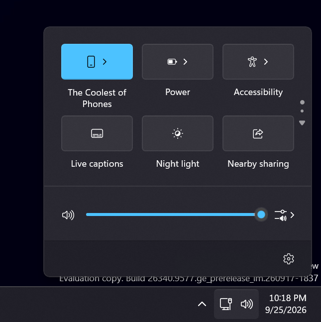 phantomofearth's tweet photo. Windows 11 build 26340.9577 includes Mobile Devices quick settings! Lets you toggle do not disturb and ring, and will also let you know if Link to Windows is off. (vivetool /enable /id:62103454) https://t.co/kEpETjqKOx