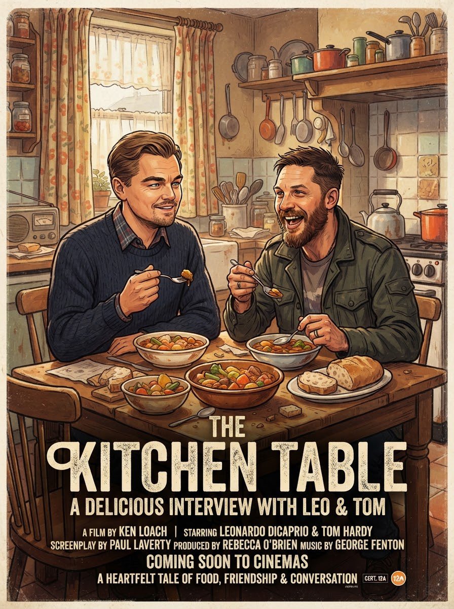 mbiz_101's tweet photo. #Ai #AiArt #Concept #Poster #TheKitchenTable #TomHardy #LeonardoDiCaprio #Kitchen #Table #VegetableSoup #Delicious #Interview #Heartfelt #Food #Friendship #Conversation https://t.co/5lxLhubfem