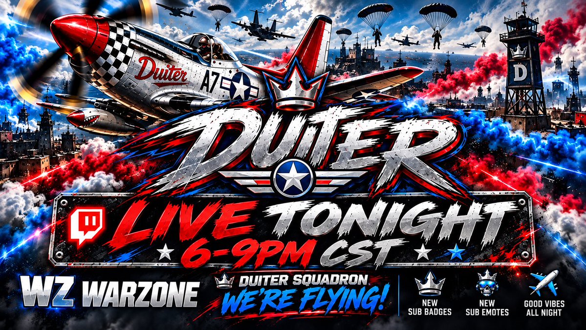 Duiterrr's tweet photo. ✈️ DUITER SQUADRON — WE’RE FLYING TONIGHT! 🔥

🔴 LIVE 6–9 PM CST
🎮 WZ WARZONE
👑 NEW SUB BADGES
💀 NEW SUB EMOTES

Pull up, squad up, and let’s make tonight a BANGER. 💥✈️

#warzone #twitch #twitchstreamer #callofduty #codwarzone #gaming #gamer #livestream #duiter https://t.co/MG5Qanqdw6