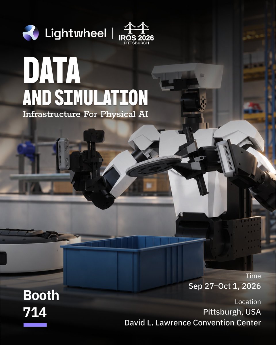 LightwheelAI's tweet photo. Lightwheel is heading to #IROS2026. Booth 714, Pittsburgh, Sep 27 to Oct 1.

🔹 Learn: EgoSuite-Open100K, 100K hours data of humans doing diverse and real tasks
🔹 Train: SimFoundry, simulation worlds where robots practice
🔹 Evaluate: RoboFinals, a standard exam for robot policies
🔹 Deploy: RoboStack, from sim to real robot deployment