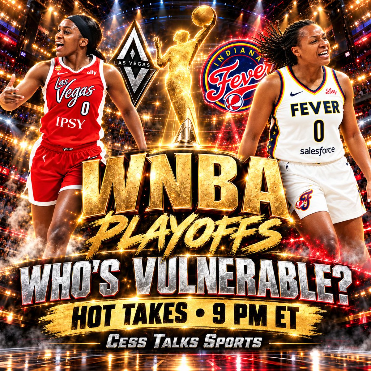 cesstalkssports's tweet photo. The WNBA playoff bracket is set, and we’ve got questions. Which favorites are vulnerable? What are we watching in Aces vs. Fever? Pull up for Hot Takes with Cess Talks Sports and RobDaManMedia at 9 PM ET. Bring your picks to the live chat. https://t.co/VZcGsNELiK #WNBAPlayoffs #CessTalksSports