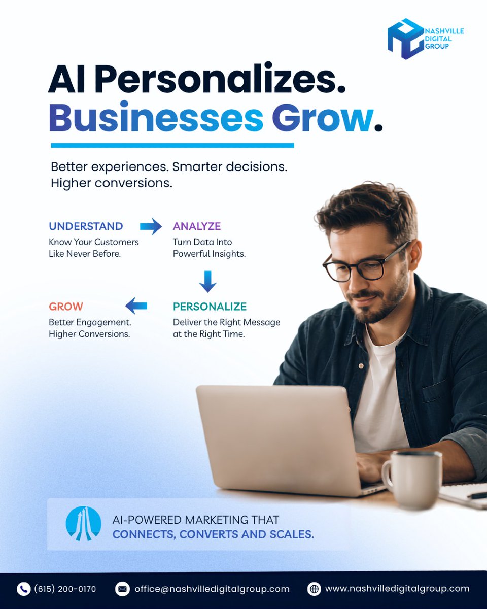 AnibalTupa6op's tweet photo. The smartest marketing isn’t louder—it’s more personal. AI-powered personalization helps you understand customers, deliver timely messages, boost engagement, and increase conversions. Book your free consultation: (615) 200-0170 https://t.co/bfnahhTUIC