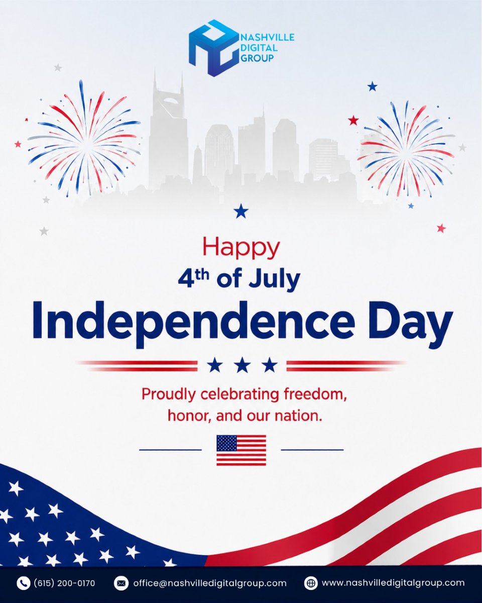AnibalTupa6op's tweet photo. Happy Independence Day from Nashville Digital Group! Wishing you and your loved ones a safe, joyful 4th of July. Celebrate freedom today, and call us when you're ready to grow: (615) 200-0170 https://t.co/0q8I2nfC0i