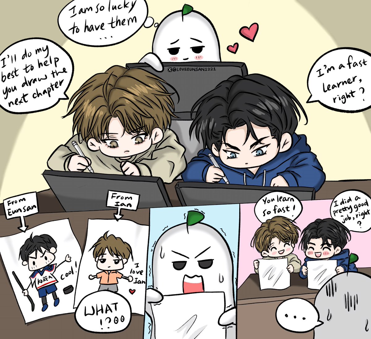 Loveeunsan1221's tweet photo. Rest of the story…

Eunsan and Ian did want to help share the workload, but somehow, in the end, it seems like Pibi Mom still ended up doing all the hard work 🤣

Wishing Pibi-nim all the best 💗

#MeltingPoint #해빙곡선
#백은산 #류이안 
#fanarts https://t.co/B9DWWPxn6w