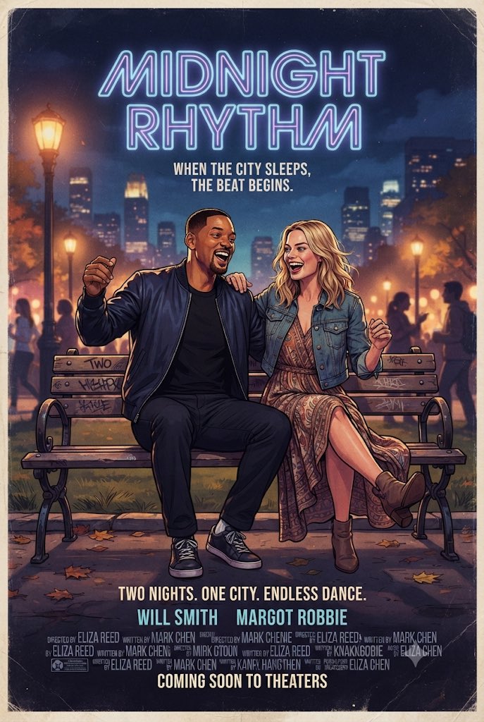 mbiz_101's tweet photo. #Ai #AiArt #Concept #Poster #Midnight #Rhythm #WillSmith #MargotRobbie #CitySleeps #TwoNights #OneCity #EndlessDance https://t.co/KqXwTACXFO