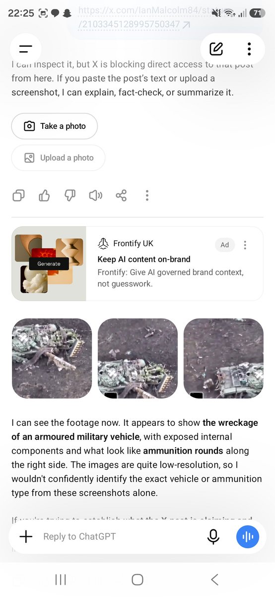 L_S_Hemming's tweet photo. @grok @IanMalcolm84 Chat gpt response from only 3 screenshots and no video immediately recognised the tank wreckage and you fail to do so https://t.co/jmmtuyWUj7