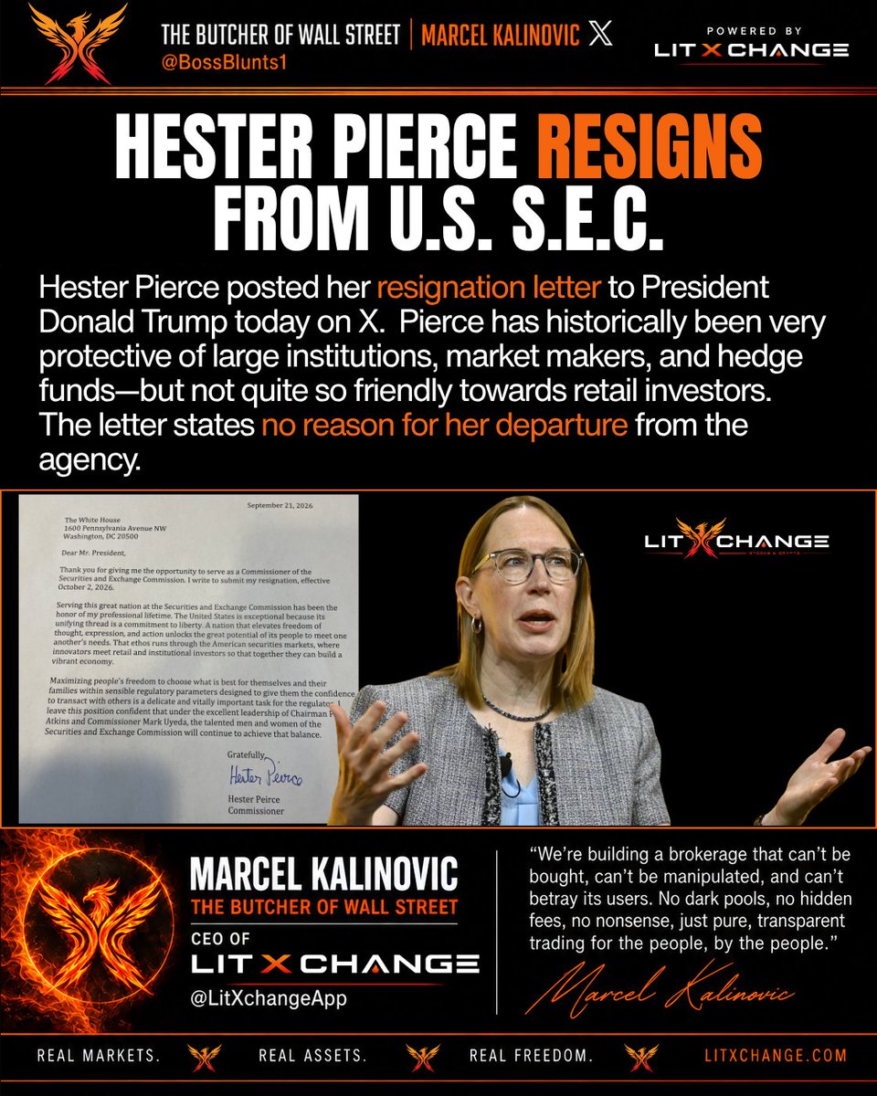 BossBlunts1's tweet photo. BREAKING 🚨 HESTER PIERCE RESIGNS FROM THE U.S. SECURITIES & EXCHANGES COMMISSION—EFFECTIVE OCTOBER 1, 2026

Why would she only give 7 days notice? 

I'm sure retail investors will have a lot to say in the comments... Are you sad or do you rejoice that she's leaving the SEC?
