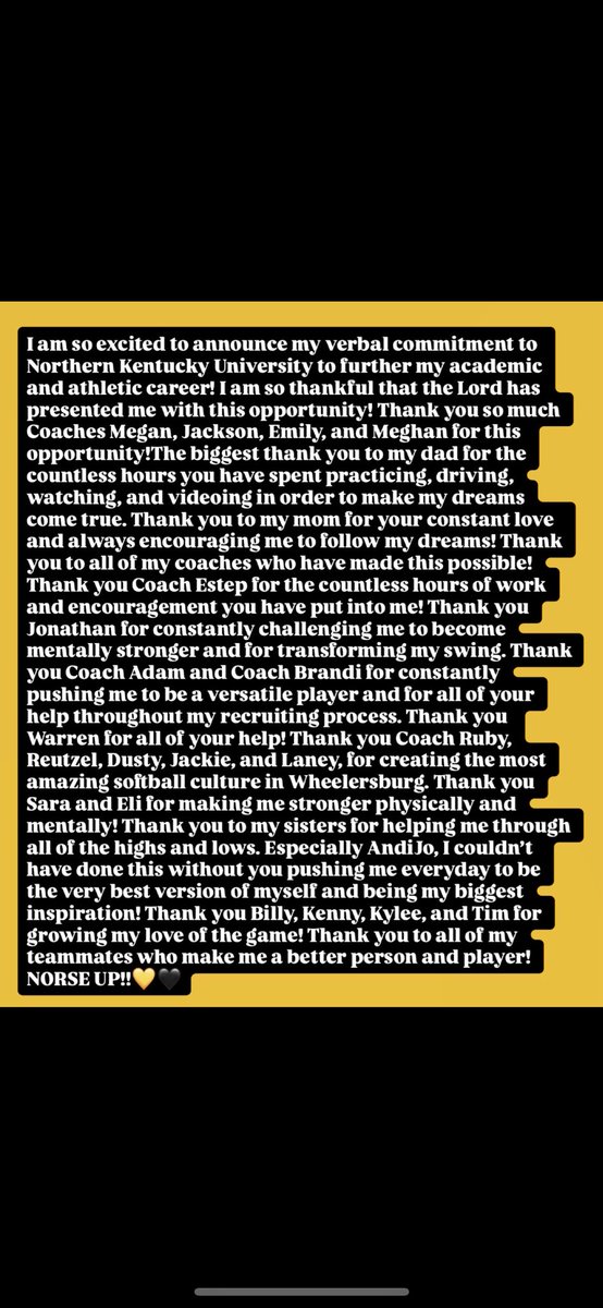 LaynaHoward2028's tweet photo. NORSE UP💛🖤
So thankful!! 
@NKUNorseSB @MegPlesko9 @brandi_acord @AcordOhio @FoxHeadDevelop1 @Burg_fastpitch https://t.co/mwVA8eedMm