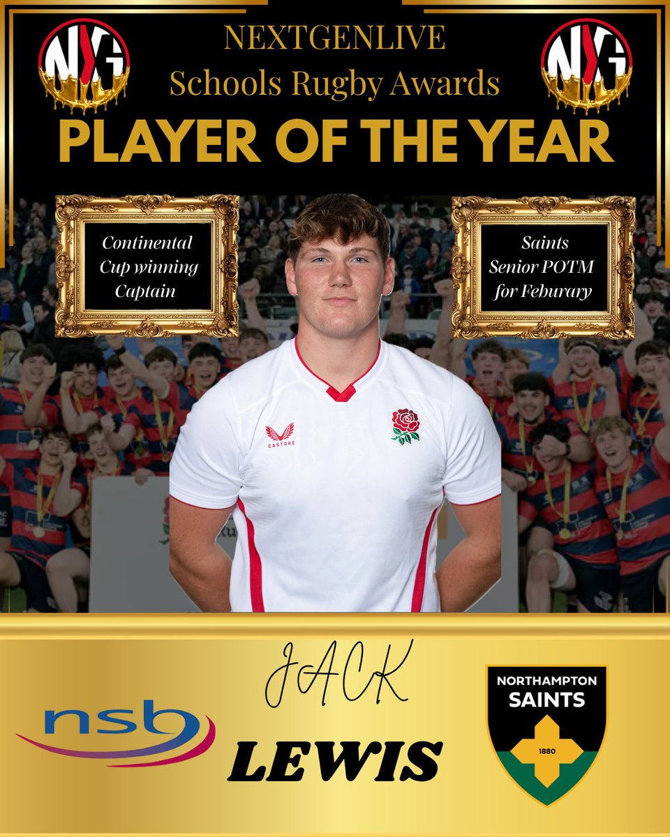KarrenZuclich's tweet photo. Player of the Year: Jack Lewis. England’s first NextGenLive Schools Rugby Player of the Year led NSB to a league and cup double, captained England U18s and earned his place in the U20s. He also became one of the youngest Saints Players of the Month. https://t.co/XiWc2d18f7