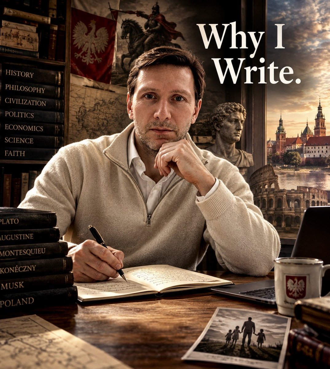 Kristof_Poland's tweet photo. Why I Write.

The reach. The repost. The moment when the argument lands in the right mind at the right time and something shifts. Yes – all of that matters. Musk reposts. Milei reposts. A US Senator asks whether Poland is saving Western Civilization. These things matter. I will not pretend they don’t.

But also because I cannot not write it. Because I care. Because I find it important in a way that precedes the audience and would survive its absence. And for my children – as an act of transmission, yes, but also as a contribution to the world they will inherit. The two motives are not in tension. They are the same motive at different scales.

I came to this from four directions simultaneously – which is perhaps why the lens is what it is.

Warsaw first. I am Polish, which means I understand from the inside what the managed reality produces when it runs without constraint. My civilization was processed by both totalitarianisms. We lost Warsaw, rebuilt stone by stone from memory. We spent decades inside the Systemic Lie – the managed reality that corrupts categories of thought, that teaches people to perform beliefs they don’t hold, that produces the closed face and the careful answer and the smile that doesn’t come easily to strangers. We got out. And then I watched the West begin to build, from the inside, the thing we had just escaped. Not the same – subtler, slower, better dressed. But recognizable. The Polish wound produces a specific kind of clarity. You cannot gaslight someone who has been educated in the system you are trying to gaslight them with.

Paris second. I walked past the Café de Flore every morning on my way to ENA – the café where the ideas were made that would eventually capture the institutions that would eventually produce the managed reality this series has spent months naming. I studied at the École Polytechnique, at the Sorbonne, at ENA itself – the institution that produced the entire French administrative class that runs the European project Spinelli designed in a prison cell in 1941. The French formation gave me the depth, the philosophical framework, the ability to trace the argument back to its roots. It also gave me the ability to recognize the fumeux – the pretentious obscurantism that depth produces when it loses contact with reality. The French tradition at its best produced Tocqueville and Bastiat and Montesquieu. At its worst it produced what came out of the Parisian cafés. I learned both from the inside.

London third. Twelve years. Goldman Sachs, derivatives trading, the Anglo-Saxon formation that completes the picture. If Warsaw gave me the wound and Paris gave me the depth, London gave me the precision – the insistence on evidence, on the argument that can be tested against reality rather than merely admired for its elegance. The financial markets are the most ruthless epistemological environment available: you are right or you are wrong and the price tells you which. Twelve years of that produces a specific intolerance for managed reality – because in the markets, the managed reality eventually meets the actual reality, and the actual reality always wins.

And then close to twenty years among the Polish liberty-minded, conservative milieu – which I simply perceive as honest patriots with understanding. Not ideologues. Not partisans. And when I say conservative, I mean something specific: conserving our particular brand of liberty, not institutions that limit it. People who have lived through enough history to know what matters and what doesn’t, who have the specific clarity that comes from having paid for their convictions rather than merely performed them. People for whom zakłamanie is not an abstract concept but a lived experience, who recognize the Systemic Lie immediately because they spent decades inside it and decades more watching it reassemble itself in new clothes. This formation is hardest to explain to the Western mind – because it looks, from the outside, like conservatism, which the Western mind has been trained to dismiss. From the inside it is something simpler and more serious: people who know what civilization costs, who have paid the price, and who are not willing to watch it be given away by people who have never had to.

Four formations. Four wounds. Four ways of seeing the same thing from different angles – and discovering that the angles converge. The Polish wound names the Systemic Lie from the inside. The French depth traces its intellectual genealogy. The Anglo-Saxon precision tests it against evidence. The Polish liberty milieu keeps it grounded in the real rather than the theoretical.

I write in the format that reaches people – not the academic paper, not the policy brief, not the book that takes three years and reaches three thousand people. The post. The specific argument in the specific format that the person scrolling at midnight, anywhere in our civilization, can absorb, recognize, and pass forward. This format reaches millions wherever they are – in Argentina, in America, in Britain, in every country where the preference falsification is ending and the cascade is beginning. Hayek called them the secondhand dealers in ideas. I have made my peace with being one. It is the most useful thing I can be right now.

The series has become a canon – over one hundred and fifty pieces covering the full architecture of Western civilization, from the Parthenon to the positive program, from Homer to Gramsci, from the Sistine Chapel to the modern art banana taped to the wall. It was not designed to be a canon. It grew into one because the civilizational argument turns out to be a single argument seen from many angles – and each angle illuminates the others.

I write for the person at midnight who feels, without being able to name it, that something is wrong – that the civilization they inhabit is being dismantled by mechanisms they can sense but not identify. I write to give them the vocabulary. Because you cannot fight what you cannot name. Because the person who can name it is slightly less alone – and slightly more dangerous to the system that depends on the silence of the people who see.

And for my children. So that they inherit a vocabulary as well as a world. So that the series is itself an act of transmission – the parent passing forward not just values but the framework that makes the values legible.

Poland has always written for the West as well as for itself. Za wolność naszą i waszą – for your freedom and ours – is not just a military motto. It is a civilizational posture. The wound that produces the clarity. The clarity that produces the vocabulary. The vocabulary that produces the series. The series that reaches the people who need it.

This is why I write.

Tell the truth. Have courage. And build.