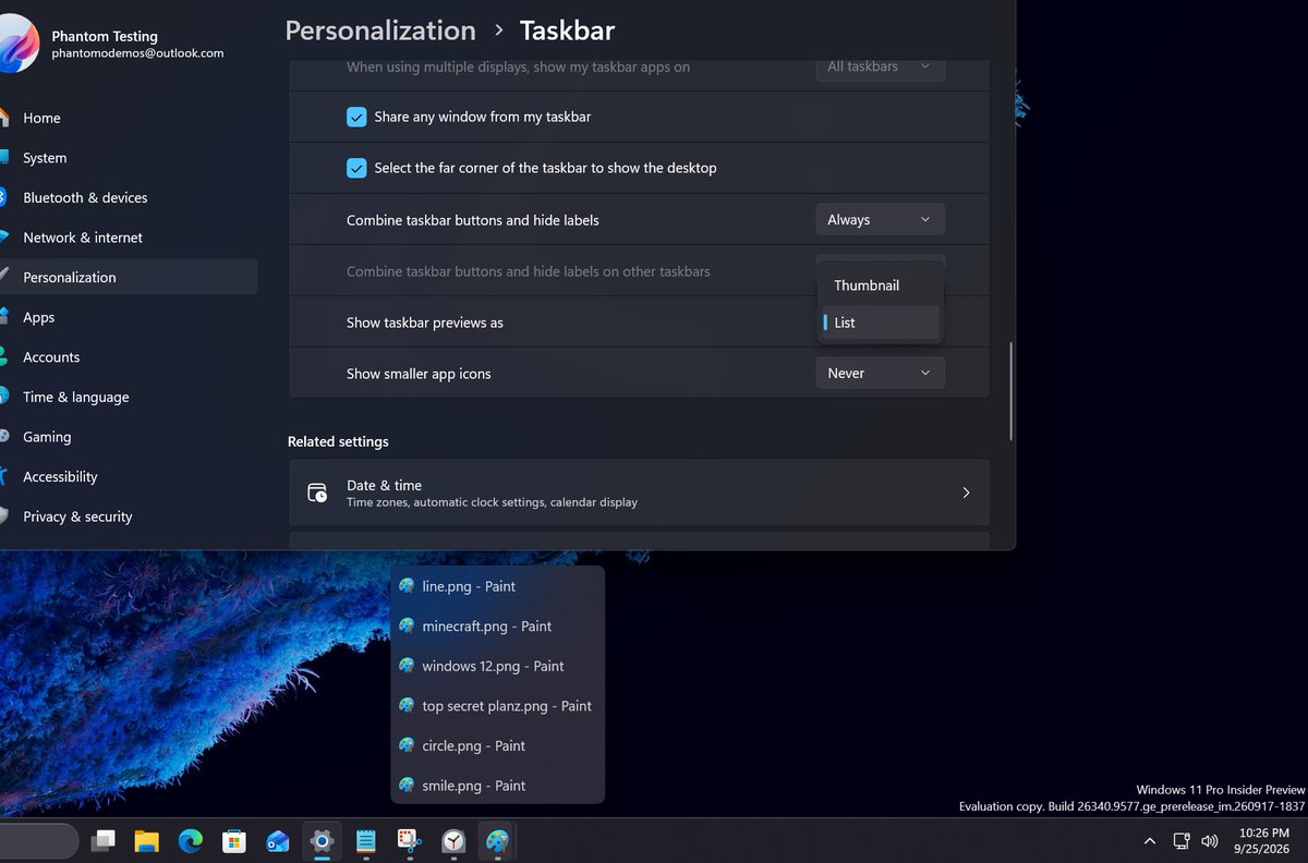 phantomofearth's tweet photo. Build 26340.9577 also adds the option to have taskbar previews show up in a list view with no visual thumbnail preview. Thumbnail is still the default. (feature TaskbarEUIListView, vivetool /enable /id:62932453) https://t.co/x4NCivkMAM