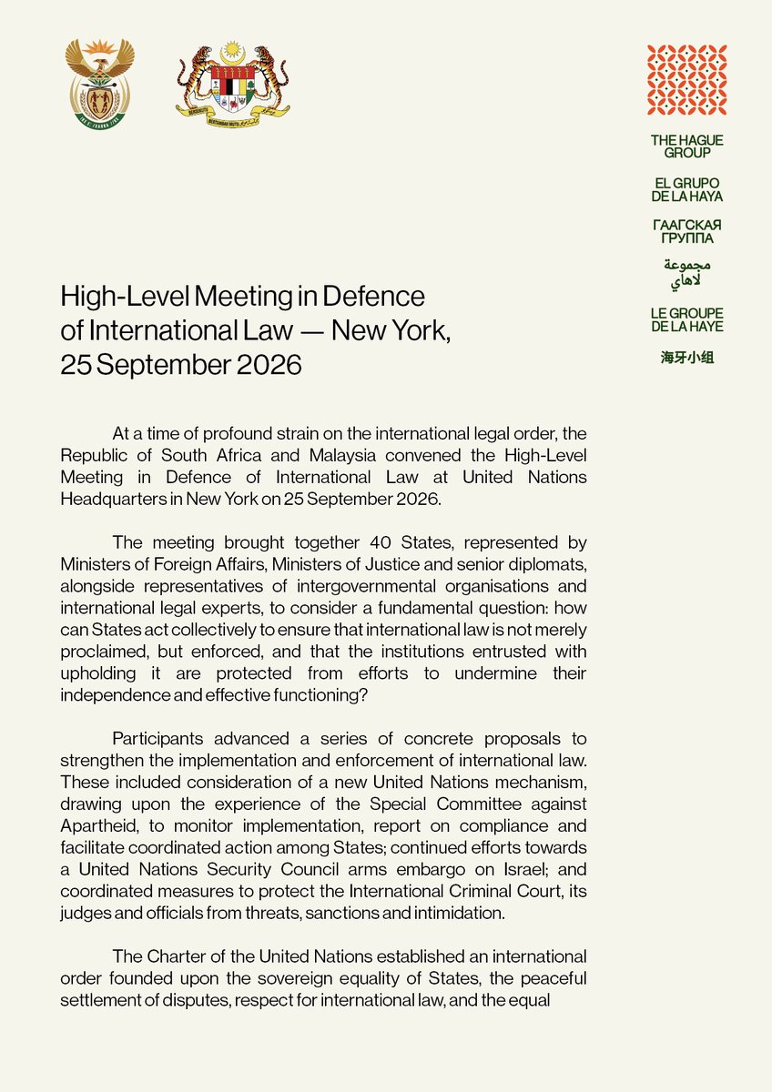 The_Hague_Group's tweet photo. Today at the UN, 40 States met to address a fundamental question: how to ensure international law is not merely proclaimed, but enforced.

Full statement from the High-Level Meeting in Defence of International Law, convened by South Africa and Malaysia: https://t.co/WCfh0zktN5 https://t.co/fKbzViRRsy