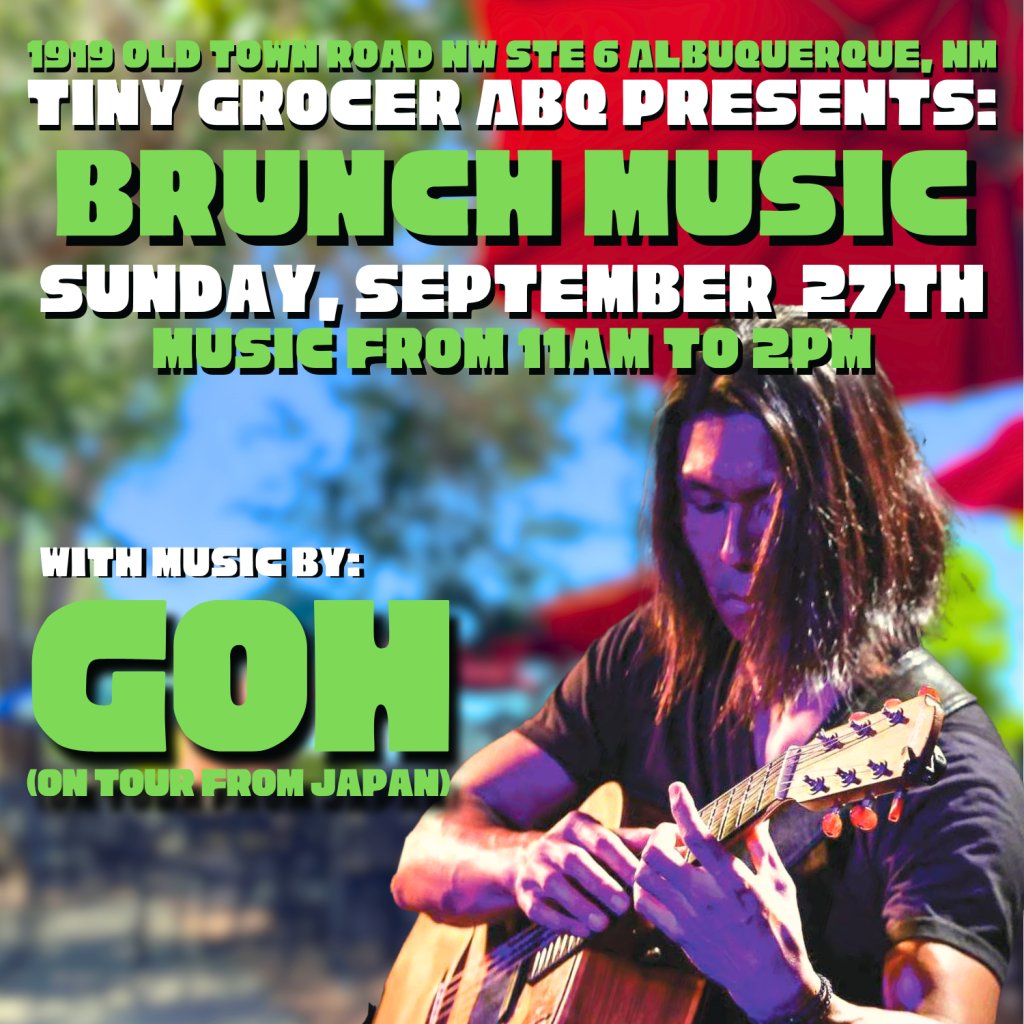 ABQtodo's tweet photo. Goh Kurosawa returns to New Mexico on tour from Japan to play his eclectic mix of Latin, rock, jazz, & Japanese music. Help give him a warm welcome back to Tiny Grocer ABQ this Sunday while you enjoy brunch on the patio! #ABQToDo
๐
Sept. 27, 11 a.m. to 2 p.m.
๐ Tiny Grocer ABQ https://t.co/EW8F3BKKc3