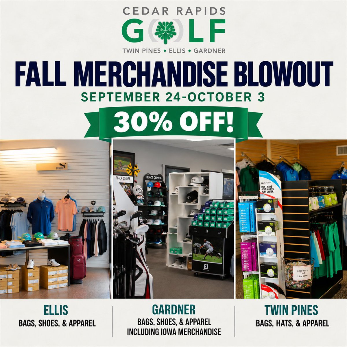 CityofCRiowa's tweet photo. 🛍️ The Fall Merchandise Blowout is on! 

Save 30% on select merchandise at Ellis, Gardner, and Twin Pines through noon October 3. 

Stop in, find your next favorite, and shop while supplies last! 

#GolfCR https://t.co/VHeXcxRp1W