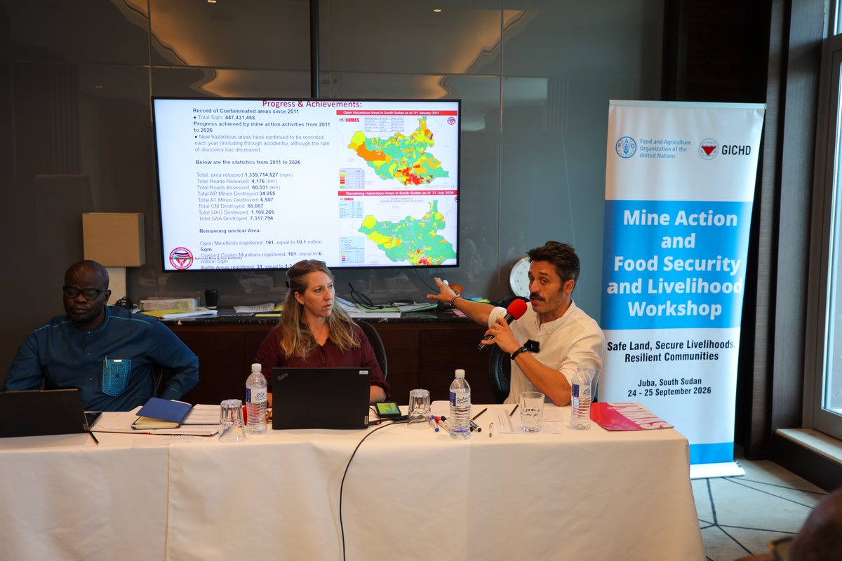 UNMAS's tweet photo. #UNMAS #SouthSudan joined National Mine Action Authority, mine action operators and partners at the @GICHD-@FAO South Sudan #MineAction and #FoodSecurity & #Livelihoods workshop in Juba, including a panel discussion on South Sudan’s mine action system and prioritization. https://t.co/2YQdgz5XIs