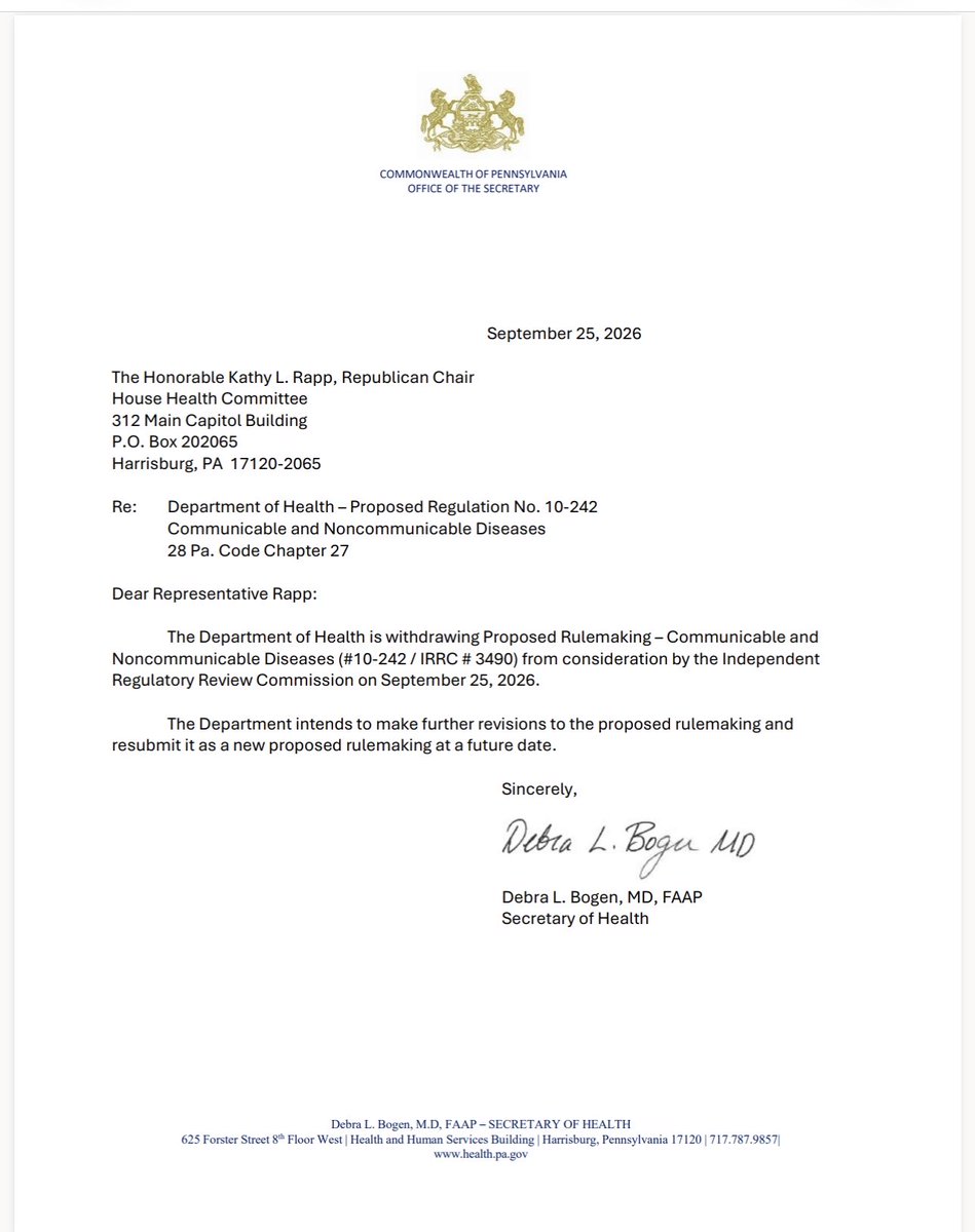 RepTimOneal's tweet photo. 🎉 Great News!

The secretary of the Pennsylvania Department of Health today withdrew proposed Department of Health regulations reminiscent of COVID lockdown-era government policy that would have infringed upon constitutional norms and civil liberties. https://t.co/p49ALCgMX7