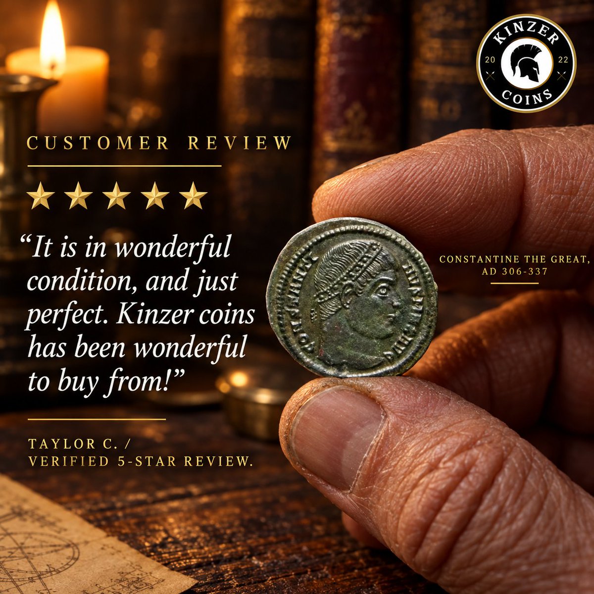 KinzerCoins's tweet photo. "It is in wonderful condition, and just perfect. Kinzer coins has been wonderful to buy from!"

Taylor C., verified 5 star review, on this Constantine the Great coin, AD 306 to 337.

https://t.co/EASRU4uPUz

#AncientCoins #CustomerReview https://t.co/ae4ISnGu6o