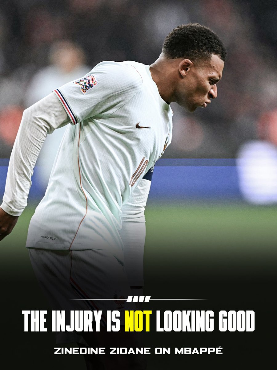 FabrizioRomano's tweet photo. 🚨 BREAKING: Kylian Mbappé set to leave France national team camp due to tendon injury.

“It’s not looking good and we will not take any risks”, says Zinedine Zidane. 🇫🇷 https://t.co/YfIDk71Pz2