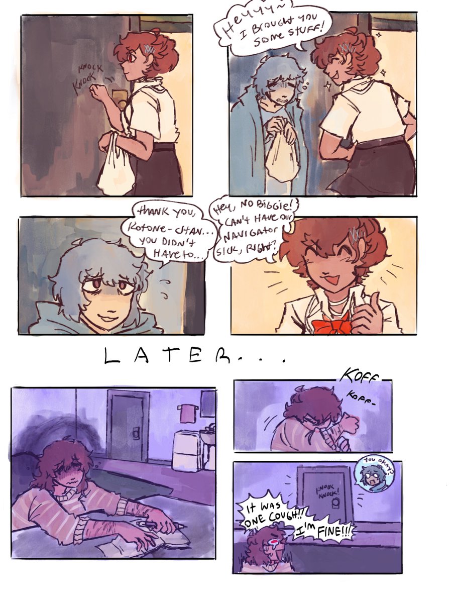 Corvidcrown666's tweet photo. Leader’s allergic to taking care of herself, too…  #persona3 https://t.co/jxgMIflFLS