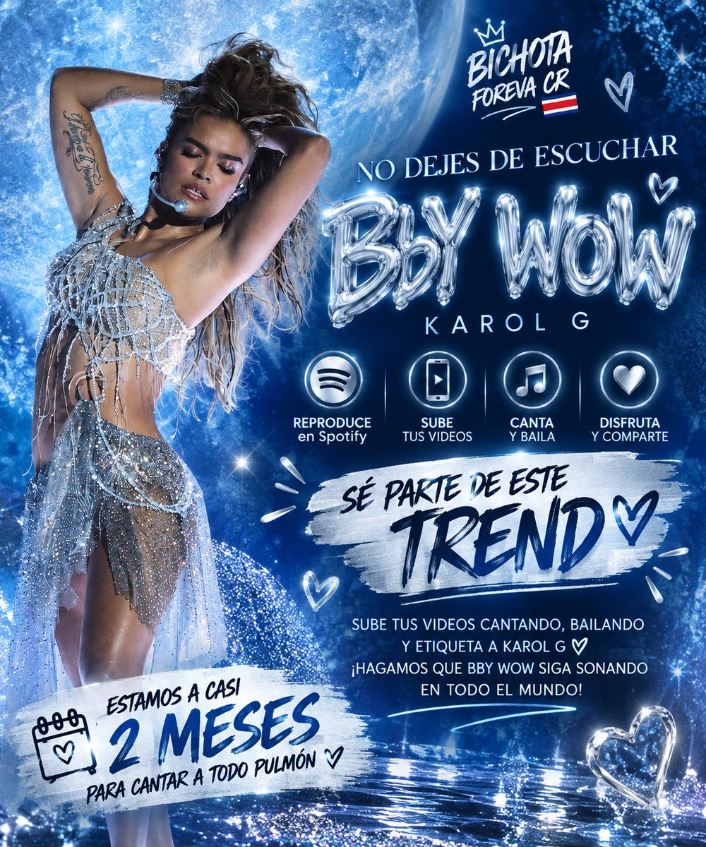 BICHOTAFOREVACR's tweet photo. 💙 ¡BICHOT@S, NO DEJEMOS DE ESCUCHAR BBY WOW! 💙

🎶 Ponela a sonar, cantala, bailala y disfrutala.
📲 Subí tus videos, coreos, looks y momentos bichotas. ✨

🇨🇷 Costa Rica ya está calentando motores para cantar a TODO PULMÓN junto a Karol G. 👑💙

https://t.co/hbuHqbbS4I https://t.co/F7248vH8tZ