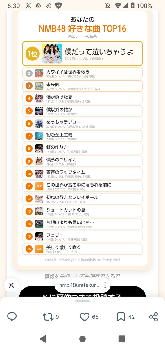 murayama088's tweet photo. うちのNMB48 好きな曲TOP16
リアル好きな曲

1位 僕だって泣いちゃうよ
2位 カワイイは世界を救う
3位 未来図
4位 僕が負けた夏
5位 僕以外の誰か
6位 めっちゃラブユー
7位 初恋至上主義

#NMB48楽曲ソート
https://t.co/7V9DlpA1o0 https://t.co/lmjxnthJRq