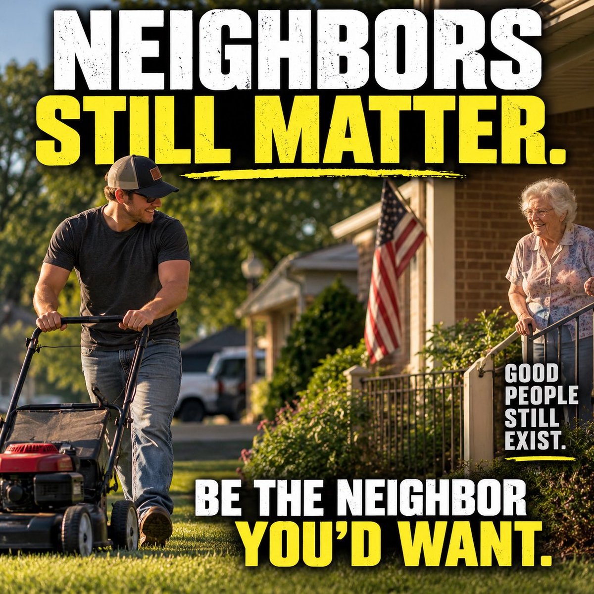 GuntherEagleman's tweet photo. There used to be an unwritten rule in neighborhoods across America:

You looked out for the people around you.

If an older neighbor needed help, you didn’t wait to be asked. You shoveled the walk. You handled the yard. You checked in on them.

No camera. No applause. No social media post.

Just neighbors taking care of neighbors.

We could use a whole lot more of that again.