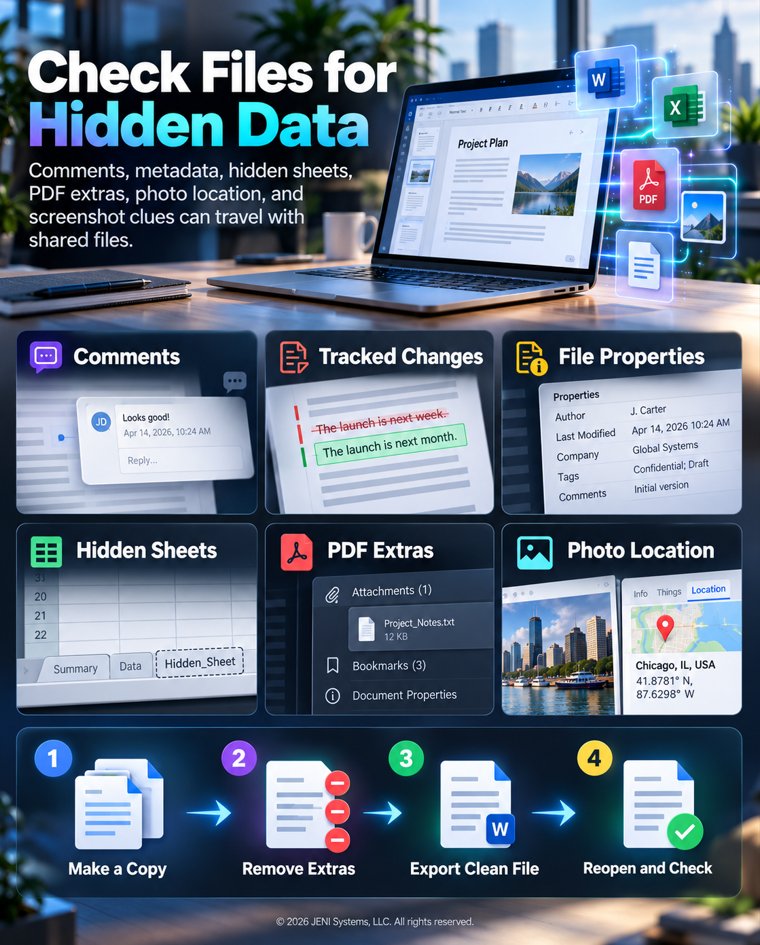 JeniSystems's tweet photo. Files can hide comments, metadata, PDF extras, hidden sheets, and photo locations, so check the final copy before you share it. https://t.co/Lj9u9Sr7zG
#DataPrivacy #Cybersecurity #DataProtection https://t.co/cT4YvymNMz